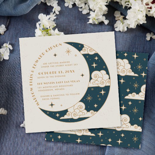 Faire-part de mariage céleste Teal Moon & Stars