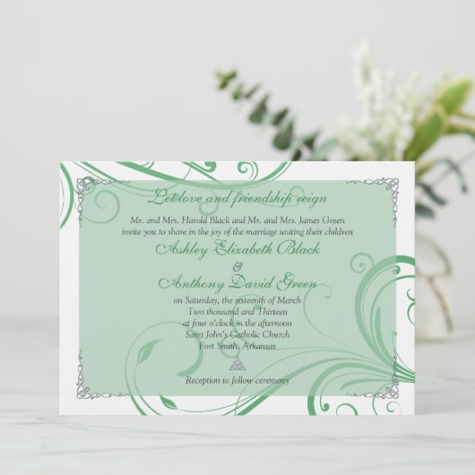 Faire-part de mariage celtique blanc vert irlandai (Debout devant)