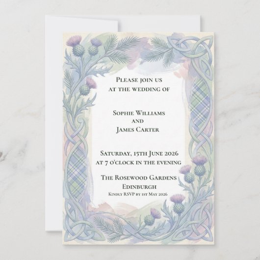 Faire-part de mariage celtique Blue Tartan Thistle (Devant)