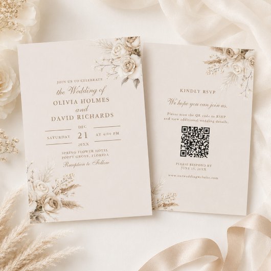 Faire-part de mariage Champagne Beige Code QR RSVP