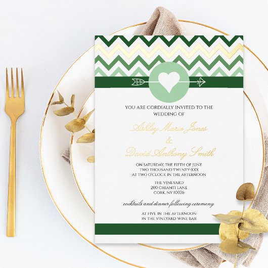 Faire-part de mariage Chevron émeraude vert or feu