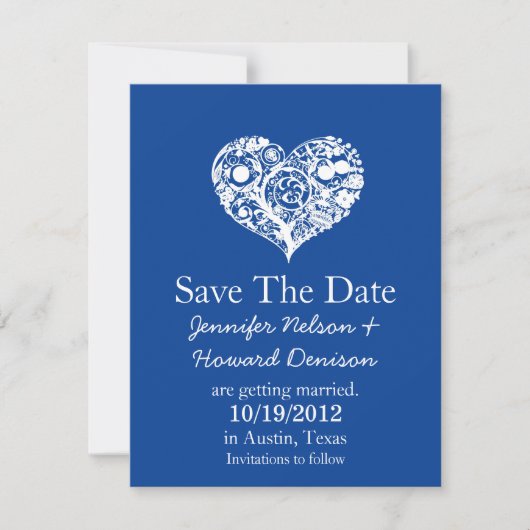 Faire-part de mariage chic bleu et blanc en forme (Devant)