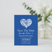 Faire-part de mariage chic bleu et blanc en forme (Debout devant)