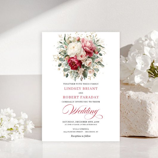 Faire-part de mariage chic Boho rouge blush or