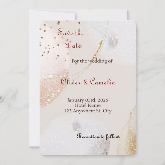 Faire-part de mariage chic en marbre blanc et or (Devant)