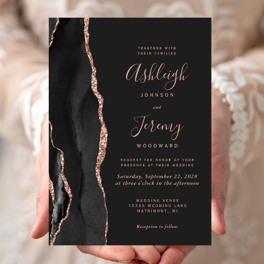 Faire-part de mariage chic noir or rose agate fonc