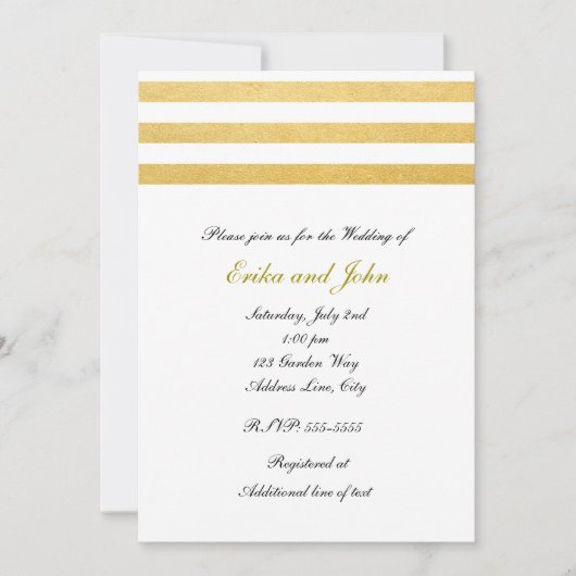 Faire-part de mariage chic rayé avec feuille dorée (Devant)