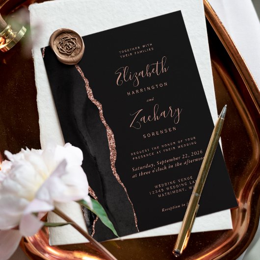 Faire-part de mariage chic rose gold agate noir