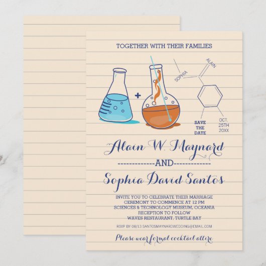 Faire-part de mariage chimie bleu et orange (Devant / Derrière)
