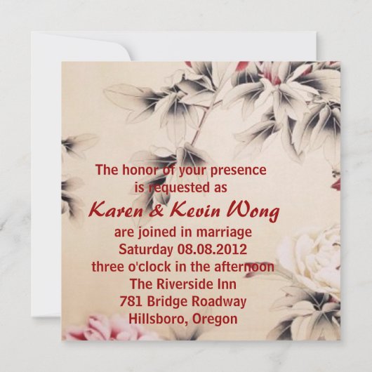 Faire-part de mariage chinois floral de printemps (Dos)