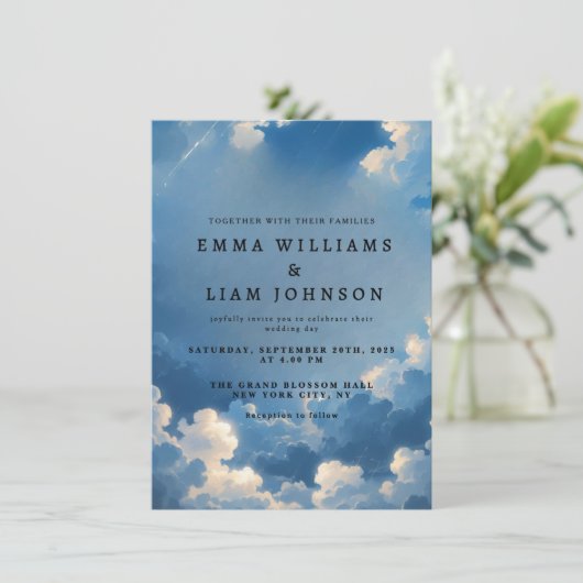 Faire-part de mariage ciel bleu paradisiaque (Debout devant)