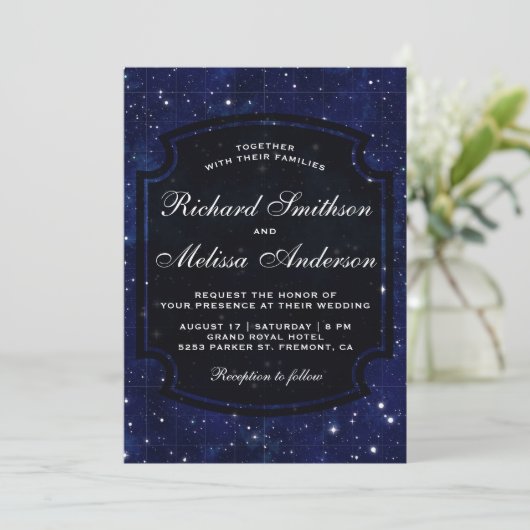 Faire-part de mariage ciel étoilé bleu foncé (Debout devant)