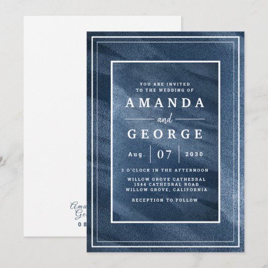 Faire-part de mariage classique à texture bleue (Devant / Derrière)