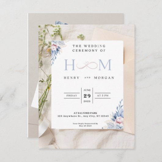 Faire-part de mariage, classique avec fleurs bleue (Devant / Derrière)