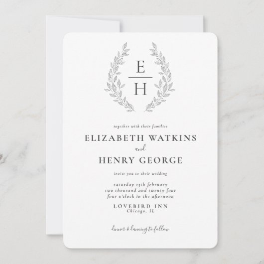 Faire-part de mariage classique monogramme noir et (Devant)