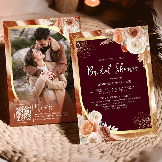 Faire-part de Mariage Code QR Floral Terracotta Bo