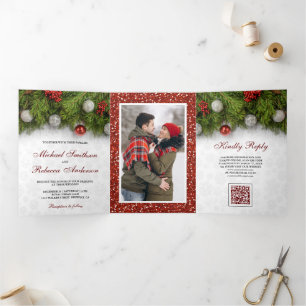 Faire-part de mariage code QR Noël Feuilles de pin