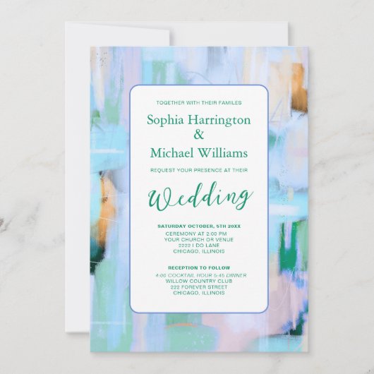 Faire-part de mariage code QR rose bleu abstrait c (Devant)
