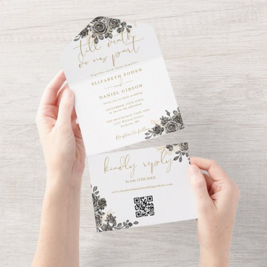 Faire-part de mariage Code QR Roses gothiques en o (Déchirure)