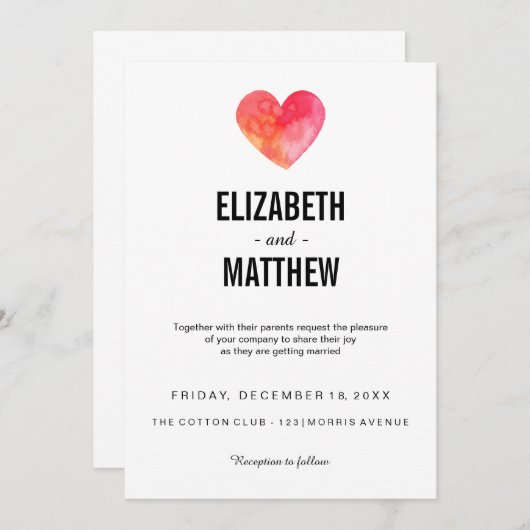 Faire-part de mariage| coeur aquarelle (Devant / Derrière)