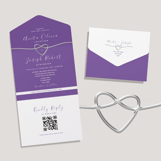 Faire-part de mariage cœur argent violet QR Code