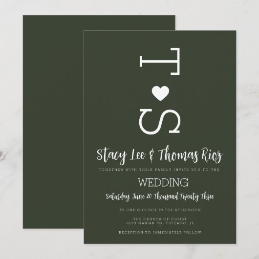 Faire-part de mariage cœur typographie vert olive (Devant / Derrière)