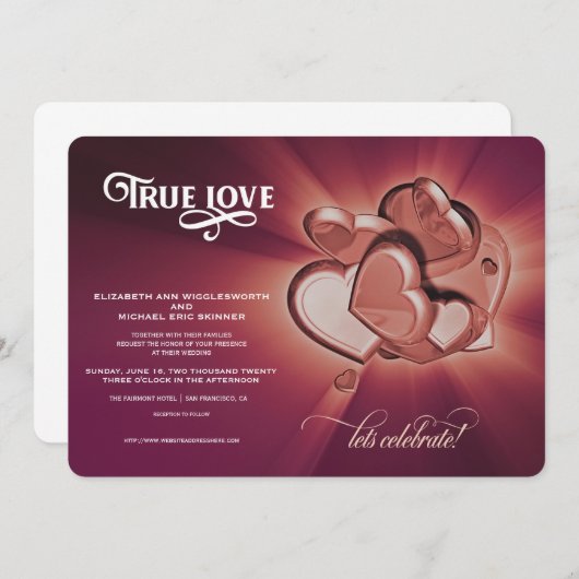 Faire-part de mariage coeurs en or rose Amour Véri (Devant / Derrière)