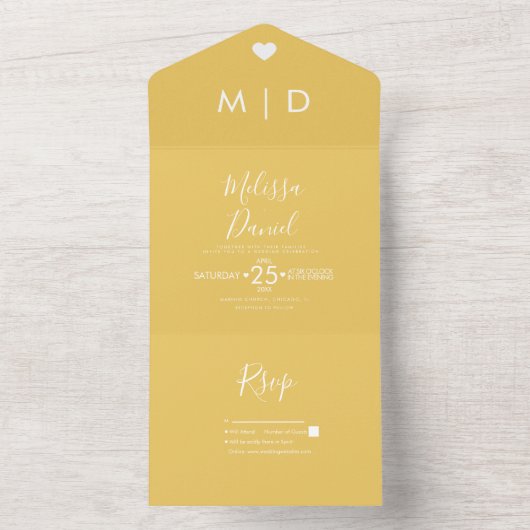 Faire-part de mariage cœurs jaunes gras tout en un (À l'intérieur)