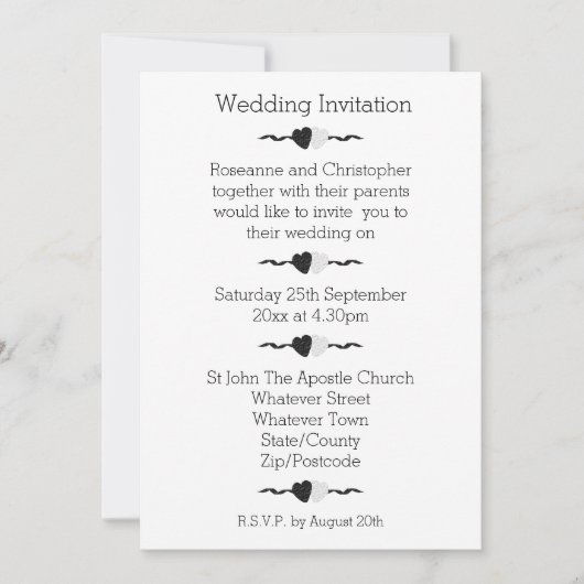 Faire-part de mariage coeurs noir et blanc (Devant)