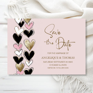 Faire-part de mariage coeurs or rose et noir