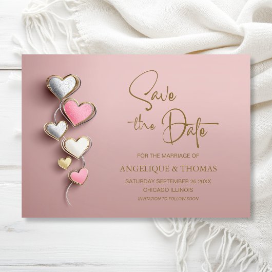 Faire-part de mariage coeurs rose et argent