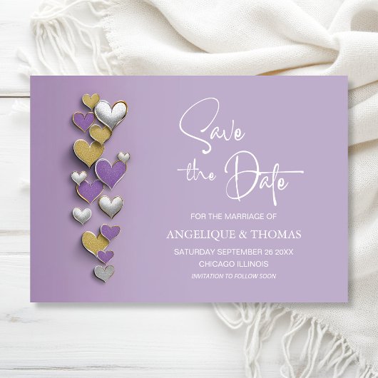 Faire-part de mariage coeurs violet et or