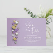 Faire-part de mariage coeurs violet et or (Debout devant)