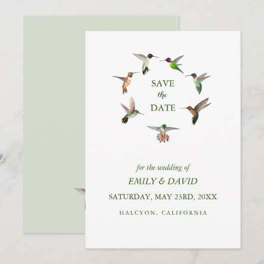Faire-part de mariage colibri pour annoncer la dat (Devant / Derrière)