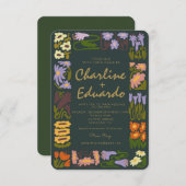 Faire-part de mariage coloré fleuri rétro (Devant / Derrière)