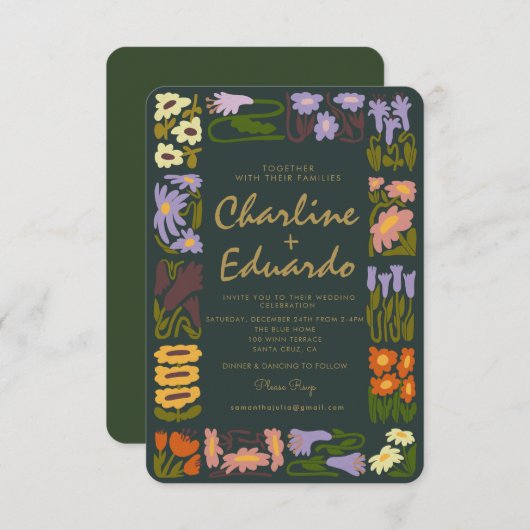 Faire-part de mariage coloré fleuri rétro (Devant / Derrière)