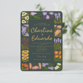 Faire-part de mariage coloré fleuri rétro (Debout devant)