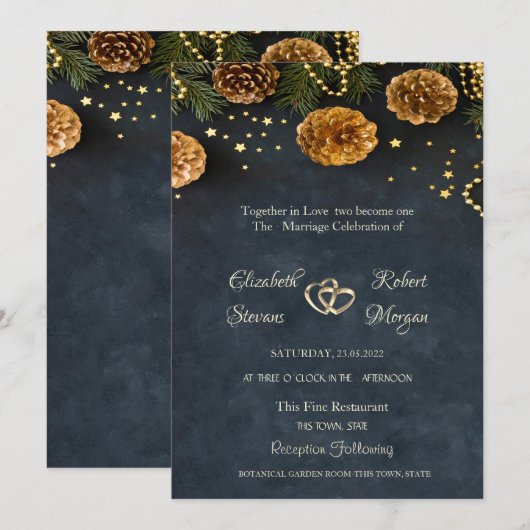 Faire-Part de Mariage Cônes de Pin, Étoiles (Devant / Derrière)