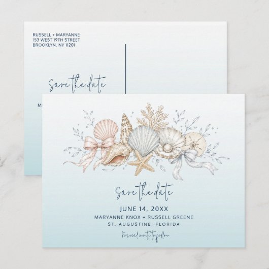 Faire-part de mariage Coquette Bow & Seashell Beac (Devant / Derrière)