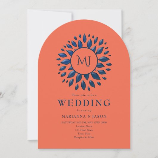 Faire-part de mariage Corail et Bleu Nuit (Devant)