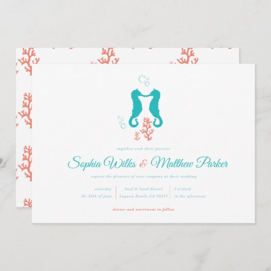 Faire-part de mariage corallien turquoise (Devant / Derrière)