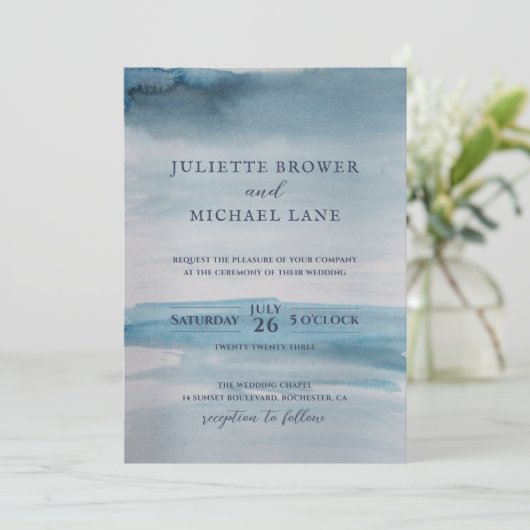 Faire-part de mariage côtière, Aquarelle bleu océa (Debout devant)