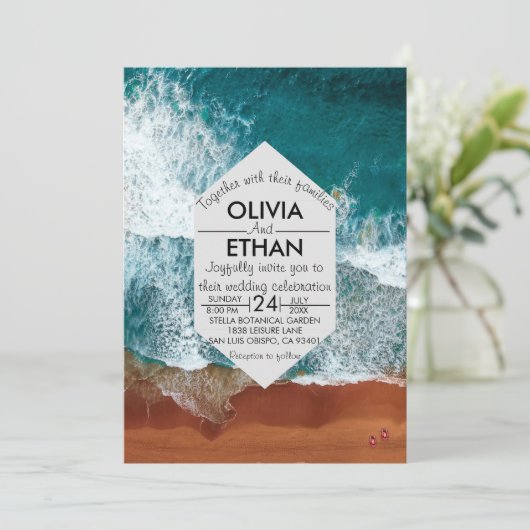 Faire-part de mariage côtière bleu marine classiqu (Debout devant)