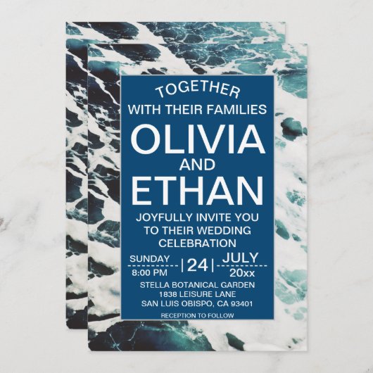 Faire-part de mariage côtière bleu marine classiqu (Devant / Derrière)