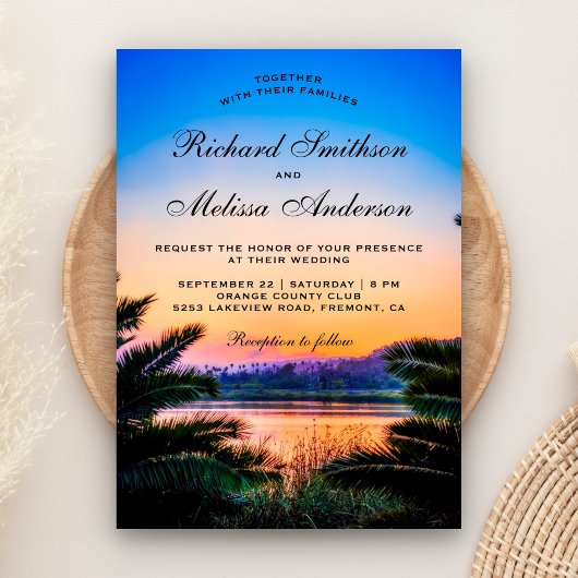 Faire-part de mariage coucher de soleil aux feuill