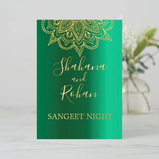 Faire-part de mariage couleur or vert style indien (Debout devant)