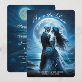 Faire-part de mariage couple squelette bleu gothiq (Devant / Derrière)