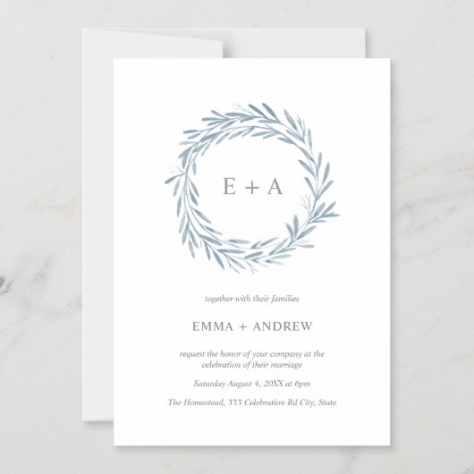 Faire-part de mariage Couronne aquarelle bleue élé (Recto)