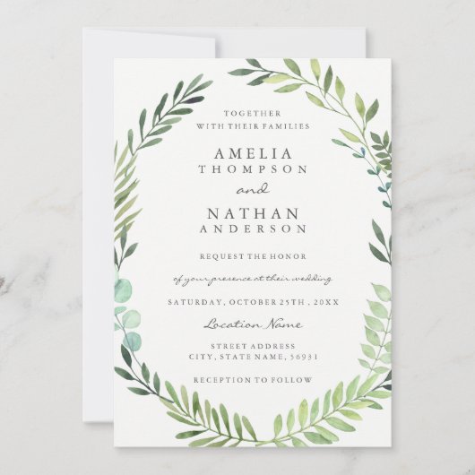 Faire-part de mariage Couronne de feuilles à l'aqu (Devant)