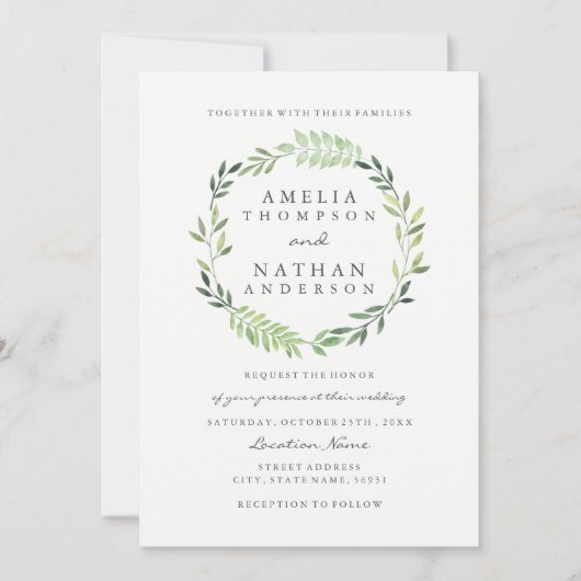 Faire-part de mariage Couronne de feuilles vertes  (Devant)